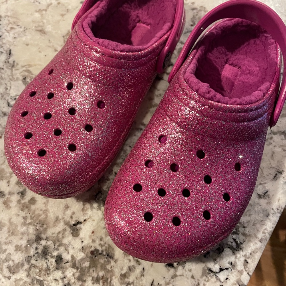 CROCS Pink Sandals with Sparkly Finish (fleece lined) EUC